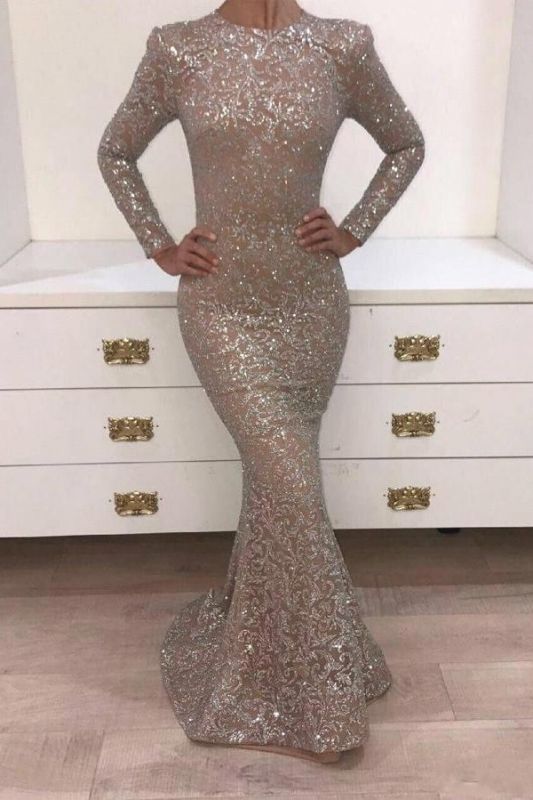 Luxury Mermaid Lace Evening Dresses Jewel Long Sleeves Sequins Prom Dresses