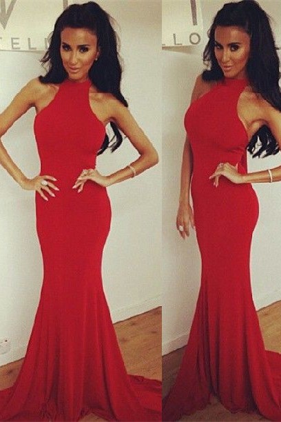 Elegant High-Neck SleevelessProm Dress Red Mermaid SD045