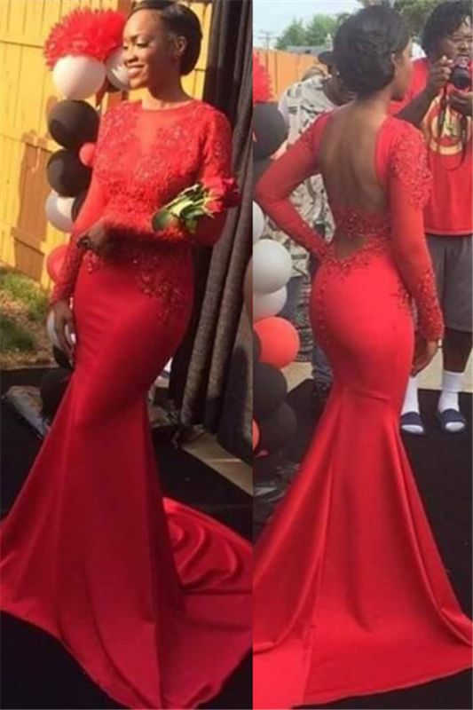 Lace Red Jewel Sleeves Mermaid Backless Long Prom Dress