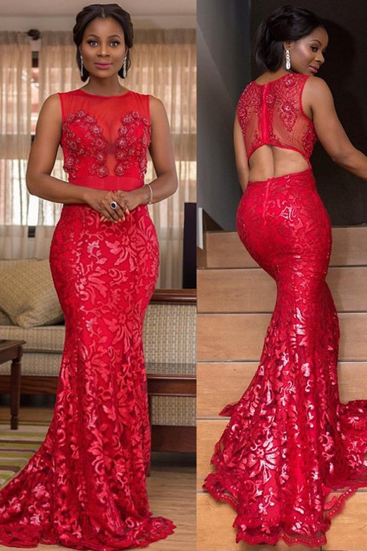 Appliques Jewel Sleeveless Mermaid Prom Dress