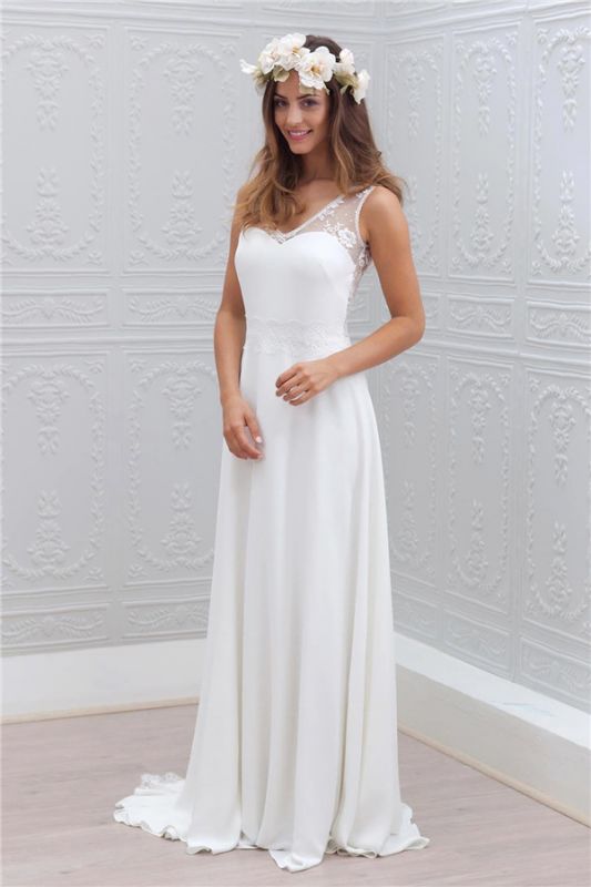 Sleeveless V-Neck Bowknot Chiffon Lace Appliques Simple Summer Beach Wedding Dresses