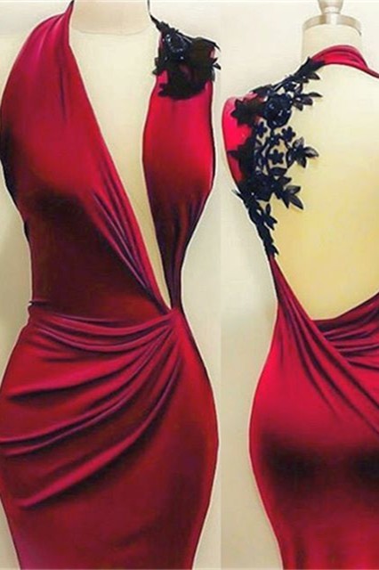 Red Black Lace Appliques Sheath Sleeveless Prom Dresses  BA7869