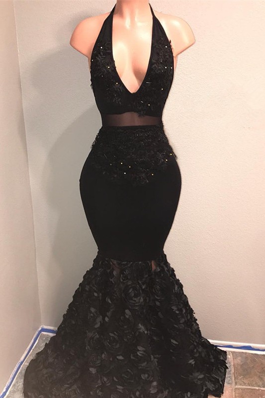 Black V-Neck Prom Dresses  | Mermaid Evening Gown With Flowers Bottom BA9153