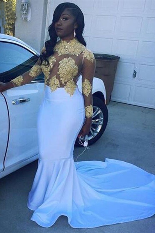 Mermaid Gold Appliques Gorgeous Long-Sleeve Prom Dress | Plus Size Prom Dress