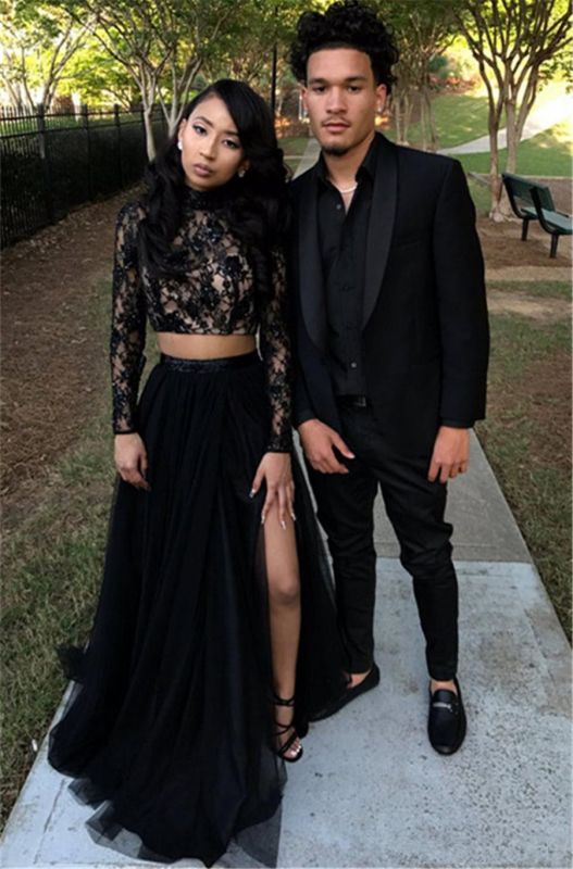 Two Piece Long Sleeve Formal Gowns | Black Long Slit Lace Prom Dress SP0349