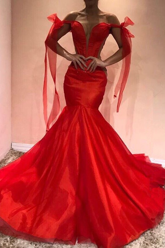 Red Off-the-Shoulder Evening Dress |Mermaid Prom Party Gowns