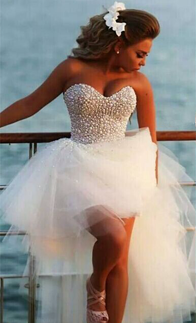 Beach Wedding Gowns Beading Pearls Hi Lo Sweetheart Ruched Ruffle Tulle Bridal Dresses