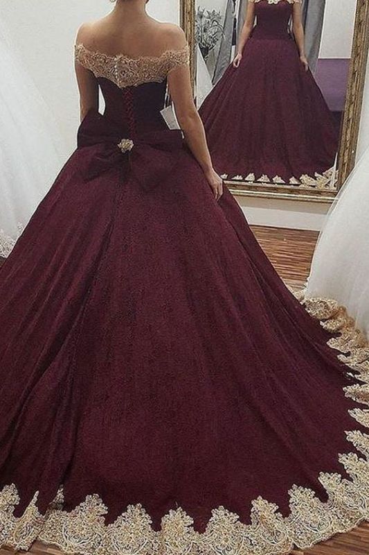 Glamorous Off the Shoulder Bowknot Burgundy Gold Ball Gown Fromal Prom Dresses