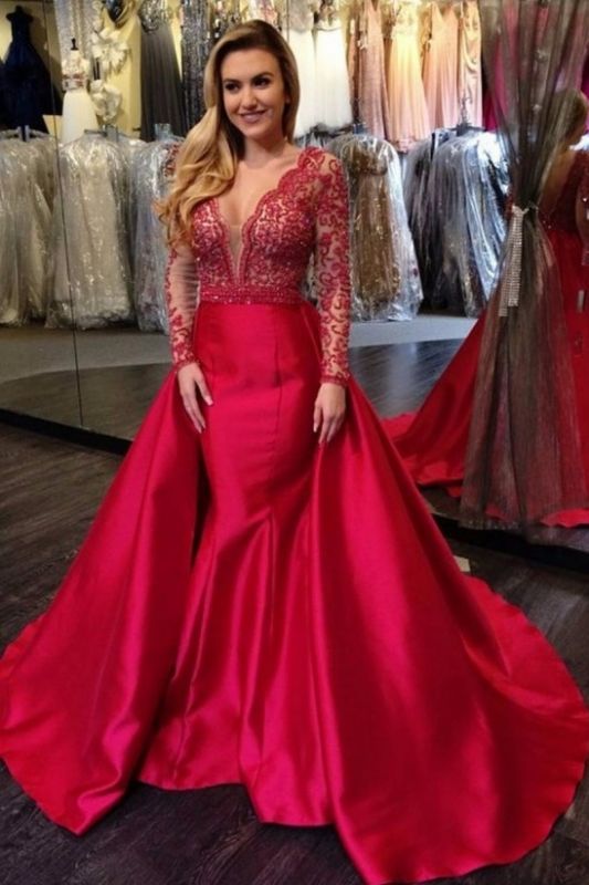 Overskirt Long-Sleeves Red Luxury Open-Back Beading Mermaid V-Neck Evening Gowns