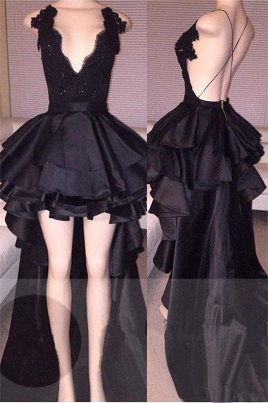 Layered Lace Hi-Lo Black Cocktail Prom Dresses