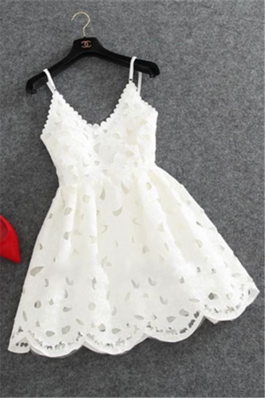 White Spaghetti Straps Cute Lace Mini Sexy Short Homecoming Dresses