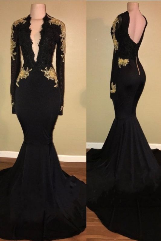 Sexy Black and Gold Prom Dresses | Deep V-Neck Long Sleeves Evening ...