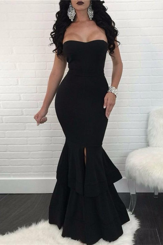 Sexy Black Mermaid Evening Dress |Ruffles Prom Dress With Slit
