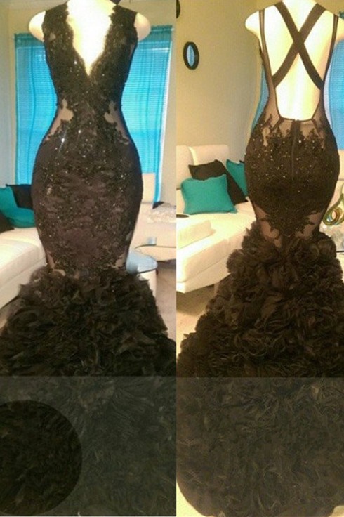 Meerjungfrau-Abendkleider aus Tüll mit offenem Rücken und V-Ausschnitt | Appliques Glamouröse schwarze Ballkleider günstig