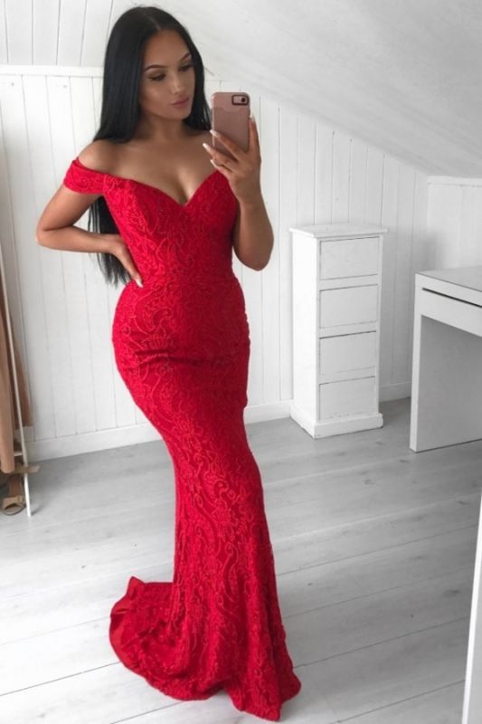 Sexy Mermaid Lace Evening Gowns | Red Off-the-Shoulder Prom Dresses