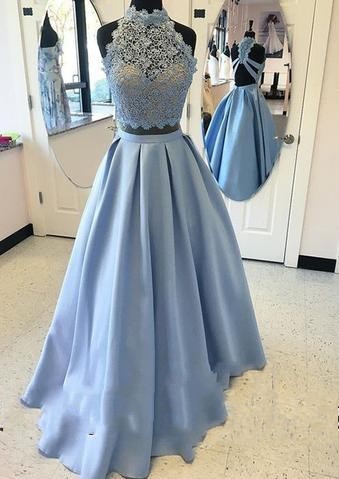 High Neck Two Piece Blue Custom Made A-line Lace Prom Dresses  LPL071