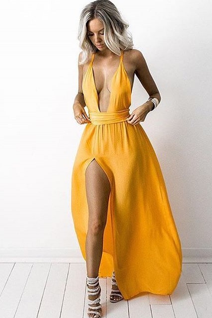 V Halter Yellow Neck Sexy Deep Side-Slit Neck Party Dresses