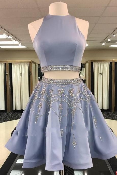 Gorgeous Custom Made A-line Crystal Sleeveless Two Piece Sexy Short Homecoming Dresses