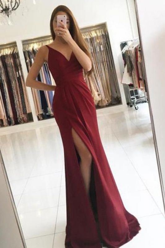 Front-Split V-neck Straps Modest Sleeveless Prom Dress