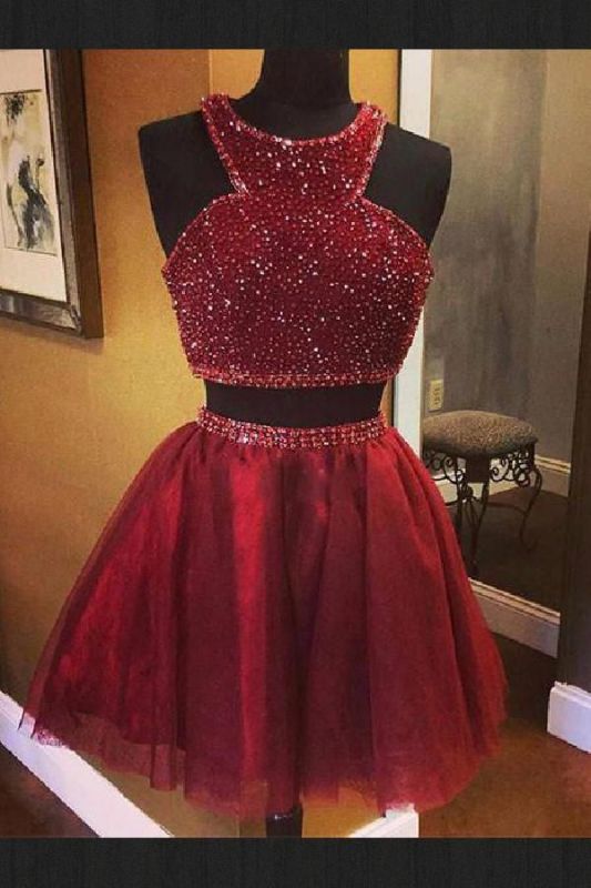 Luxury Sleeveless Bead Custom Made A-line Red Two Piece Sexy Short Homecoming Dresses
