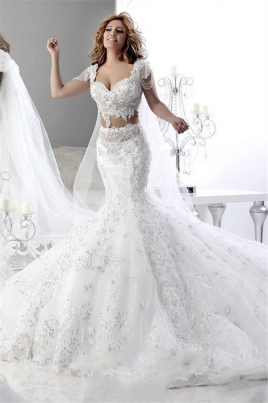 Sexy Sweetheart Mermaid Wedding Dresses Short Sleeves Applique Sheer Waist Bridal Gowns