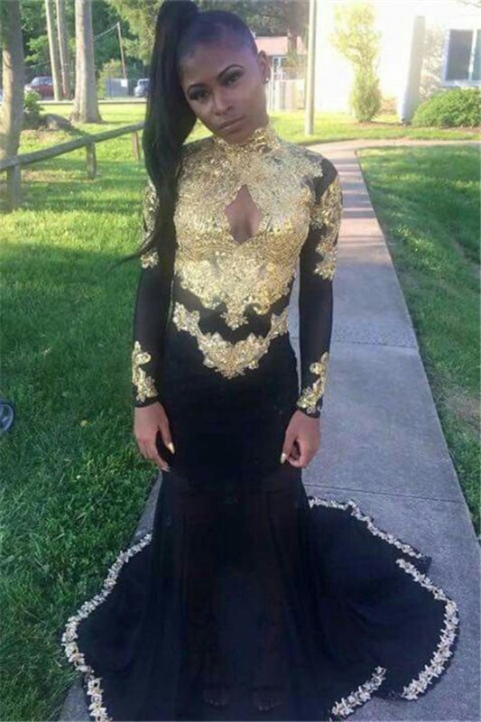 Long-Sleeve Gold-Appliques Black Sexy Mermaid Keyhole Prom Dress