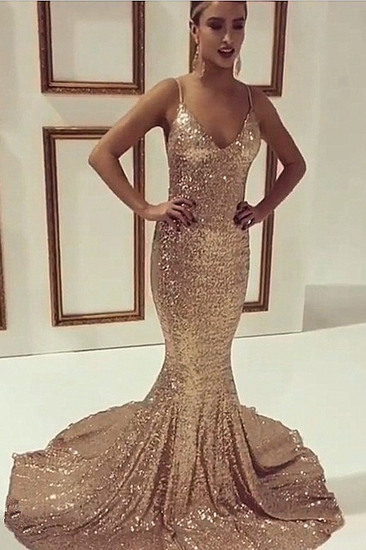 Sleeveless Sequined Simple Spaghetti-Straps Mermaid Prom Dress