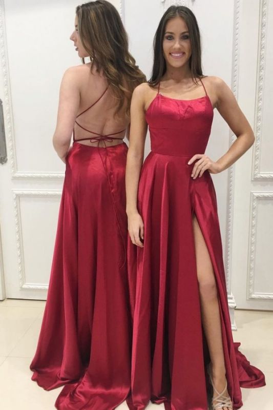 Sexy Red Sleeveless A-line Front Split Backless Prom Dress