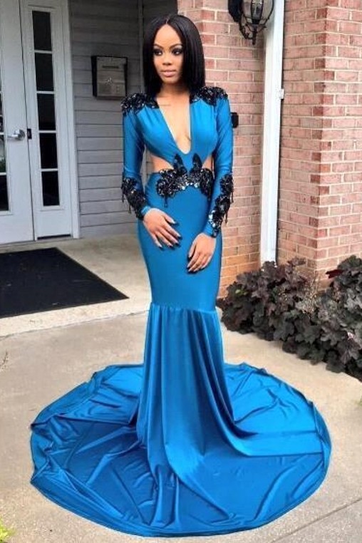 Blue Appliques Mermaid Prom Dresses | V-neck Long Sleeves Evening Gowns