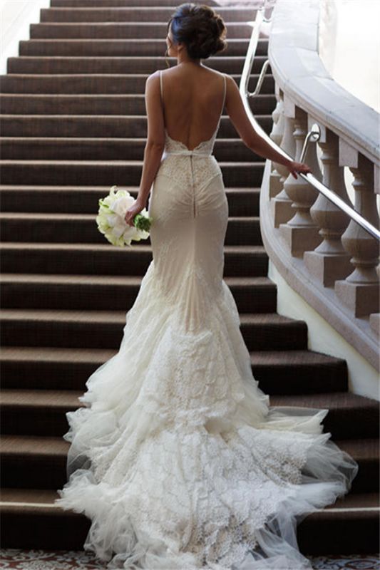 Elegant Tulle Open Back Sweep Train Spaghetti Strap Mermaid Wedding Dresses