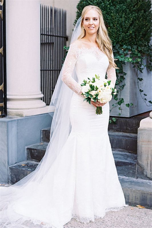 Elegant Long Sleeve Sexy Off The Shoulder Beautiful Lace Mermaid Zipper Wedding Dresses