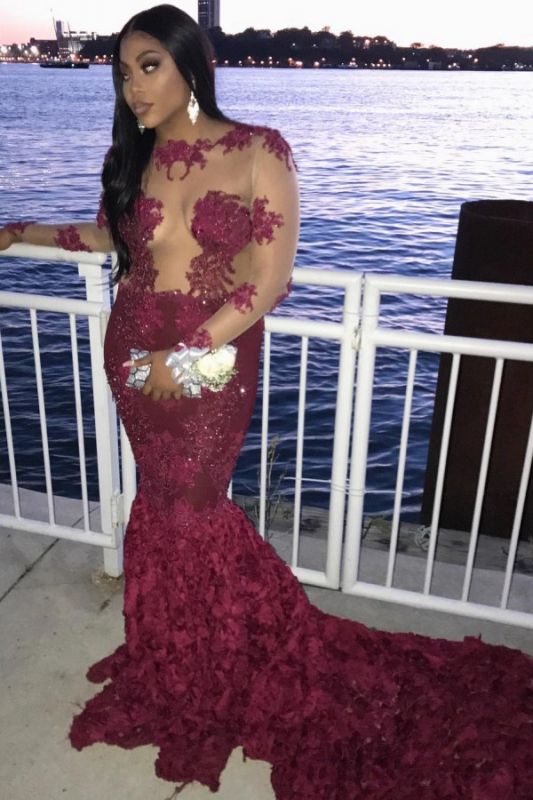 Lace Long-Sleeve Flowers Mermaid Burgundy Prom Dress