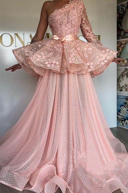 Glamorous A-Line Prom Dresses | Pink Lace Long Sleeve Evening Gowns