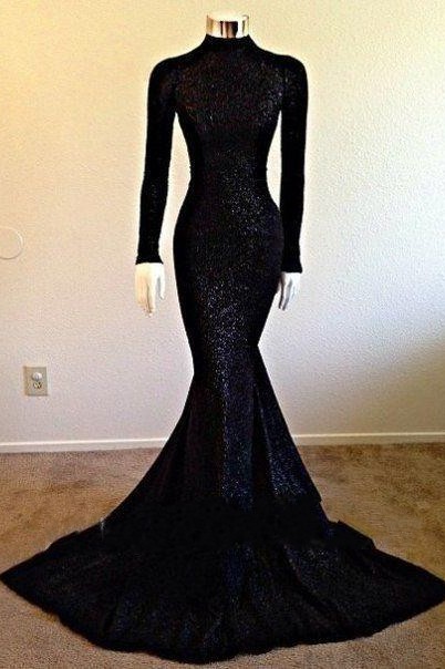 High Neck BlackEvening Gowns | Modest Mermaid Long Sleeve Prom Dresses  BA5158