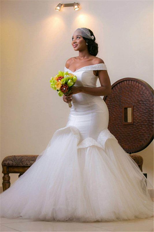 Beautiful Lace-up Sweep Train Sexy Off The Shoulder Tulle Glamorous Beads Mermaid Wedding Dresses