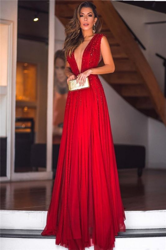 Sexy  Deep V-Neck Beading Evening Dresses | Sleeveless Chiffon Long Prom Dresses