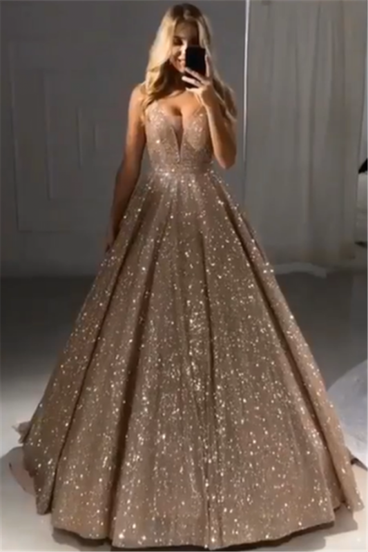 Glänzende Gold Ballkleid Abendkleider | Sexy V-Ausschnitt Pailletten Prom Kleider