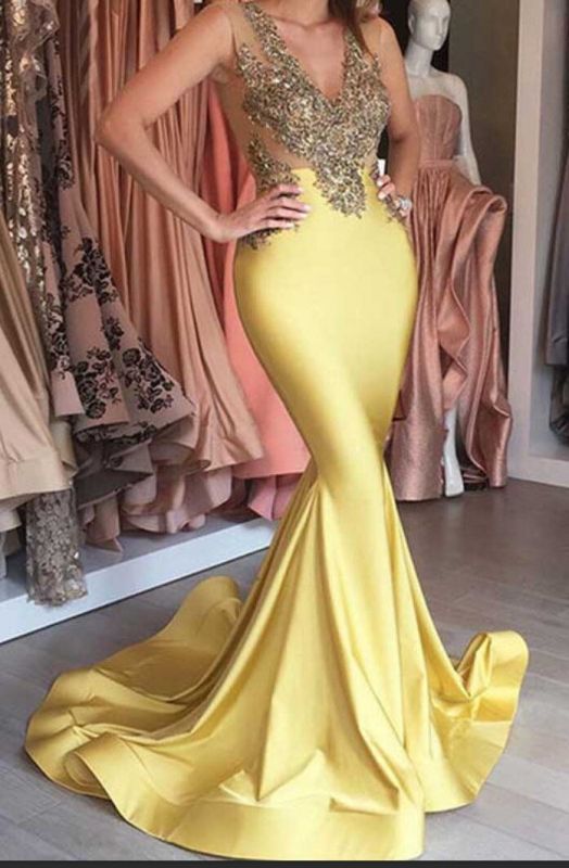 Appliques Sleeveless Yellow Beaded Mermaid Stretch Sexy V-neck Prom Dress JJ0129