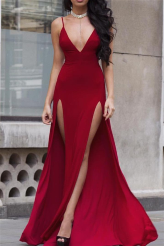 Side-Slit  Spaghetti Sexy Burgundy Long Straps Deep-V-Neck Prom Dresses