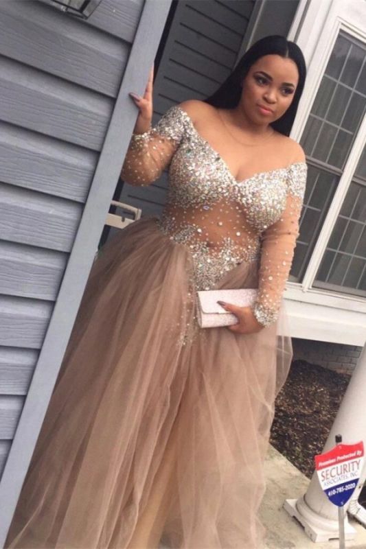 Split Plus-Size Long-Sleeve Crystal Stunning Tulle Prom Dress