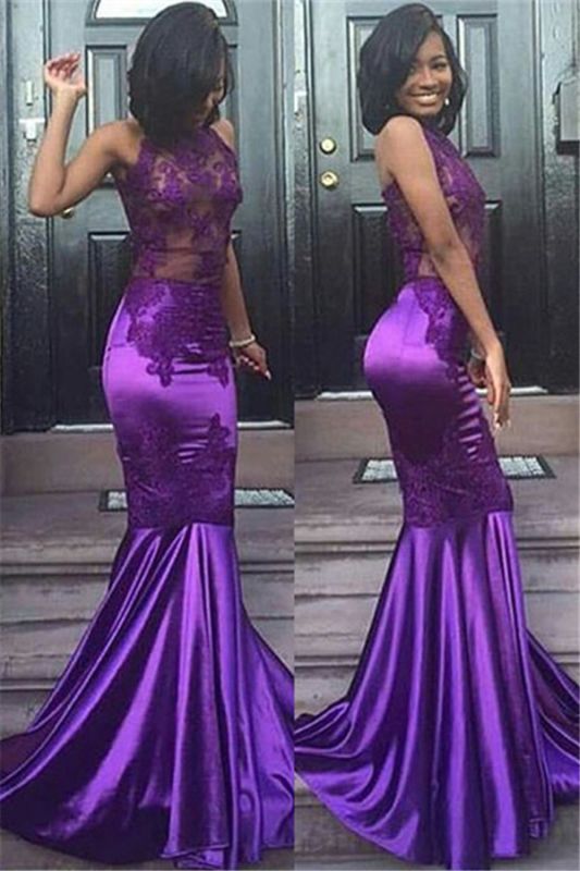 Mermaid Sleeveless Halter Sexy Lace Purple Open-Back Appliques Prom Dress