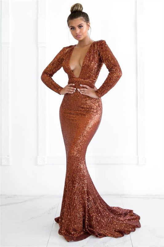 Sexy Deep V-Neck Long Sleeves Mermaid Prom Dress