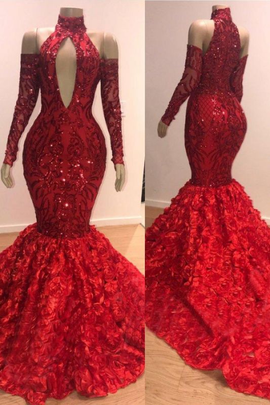 Red Floral Mermaid High Neck Long Sleeve Prom Dresses  BC0767