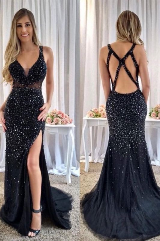Gorgeous Crystals Mermaid Straps Prom Dress | Front Split Prom Dress