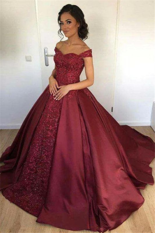 Appliques Lace Off-the-Shoulder Ball-Gown Burgundy Evening Dress