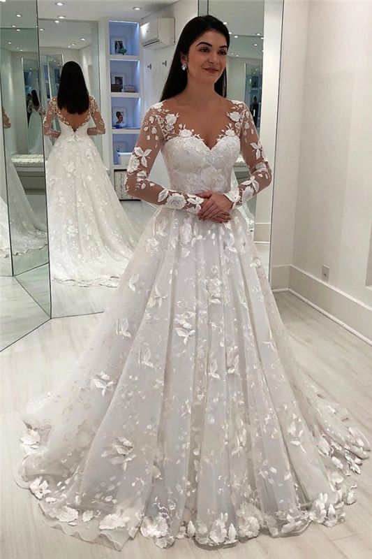 V-Neck Appliques Cheap Long Sleeve A-Line Tulle Court Train Wedding Dresses