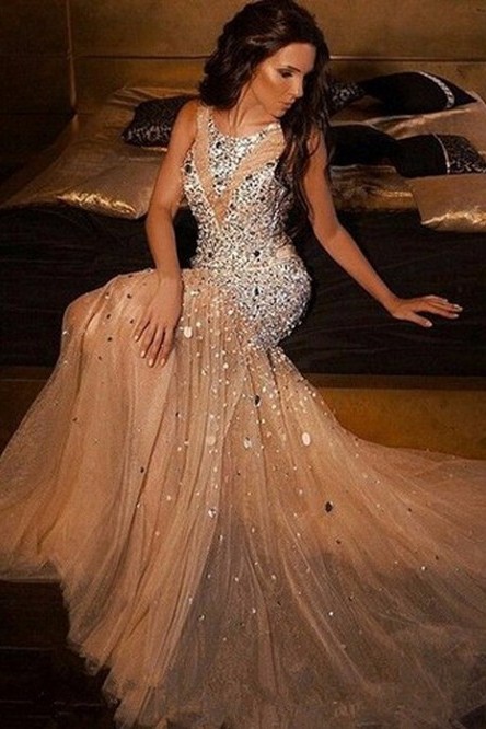 Luxury Mermaid Beading Evening Dresses | Tulle Scoop Sleeveless Long Prom Dresses