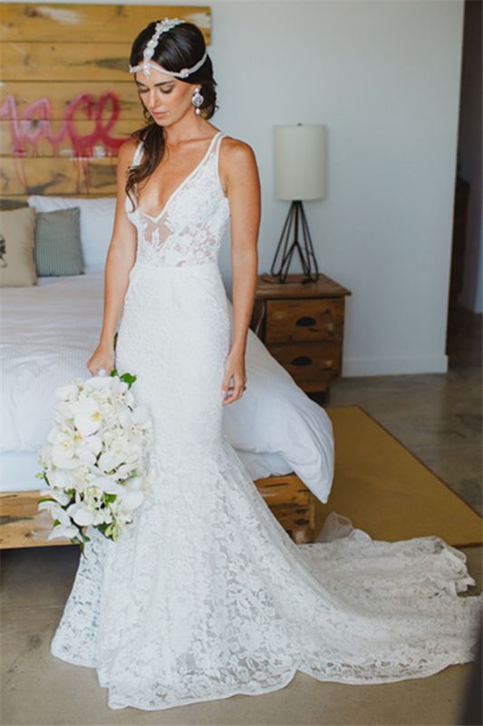 Mermaid Lace Deep V-Neck Sleeveless Sexy Wedding Dresses  Online