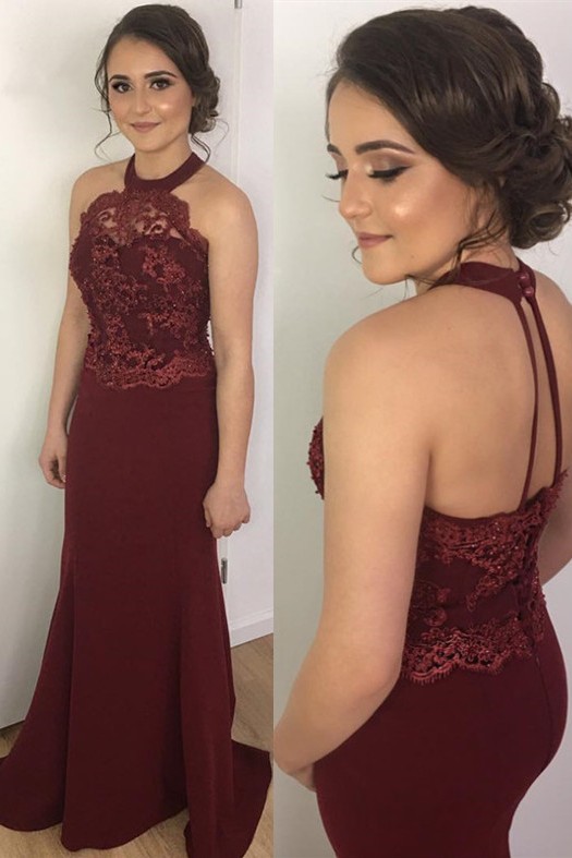 Burgundy Prom Dresses Mermaid Lace Halter Backless Evening Gowns