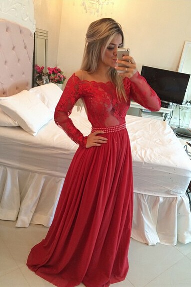 Long Sleeves Prom Dresses Chiffon Pearls Beaded Red Fuchsia Sheer A-line Evening Gowns
